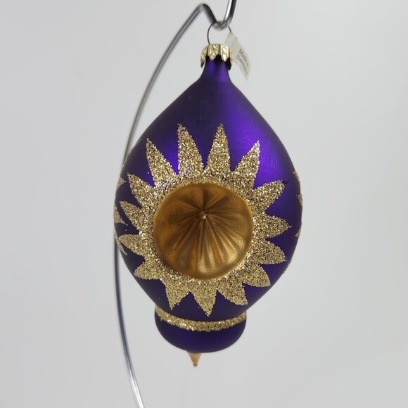 Glass Teardrop Triple Indent Purple Gold Glitter Starburst Ornament Germany - Picture 2 of 4